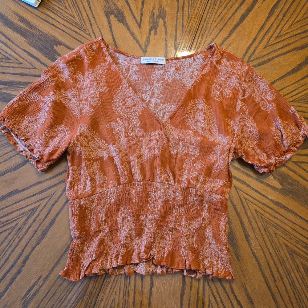 Paper Crane Boho Paisley‎ Smocked Waist Blouse Size Large